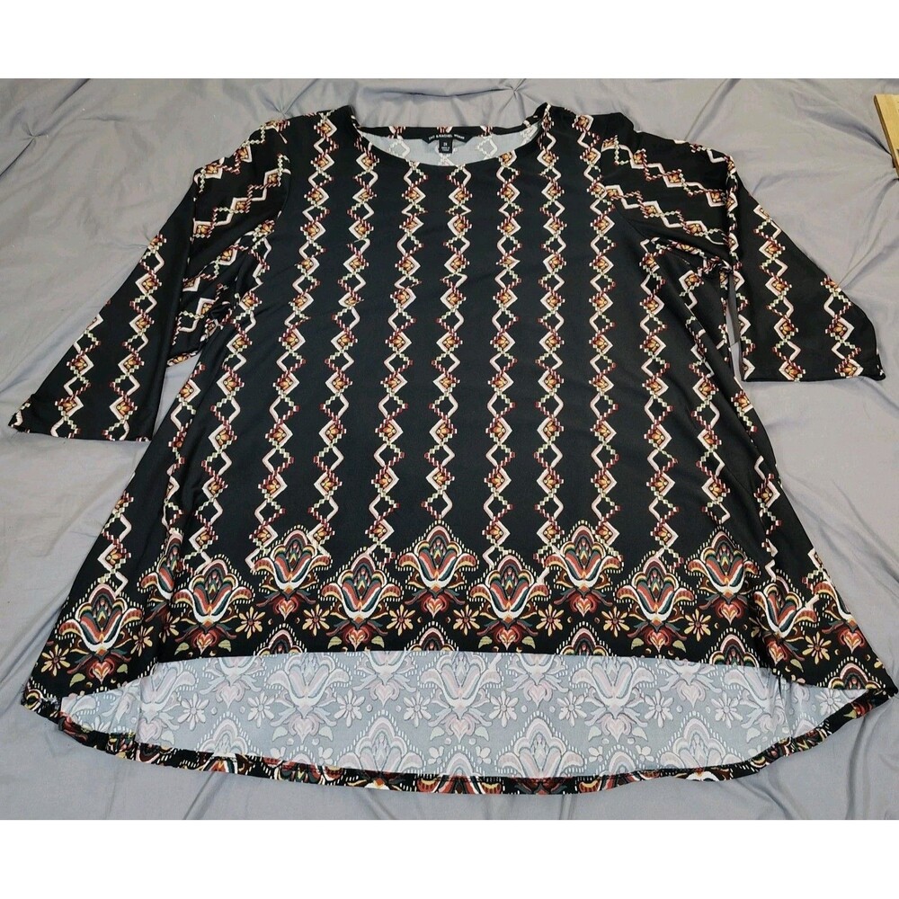 Zac & Rachel Blouse Sz 2XL Black Diamond Floral Flowy Tunic 3/4 Sleeves Boho